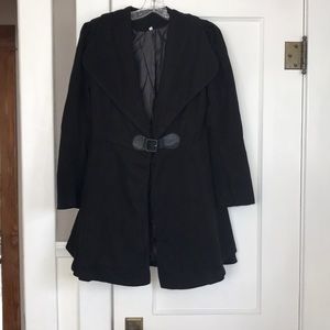 Black fitted jacket w/ flare hem and belt closure